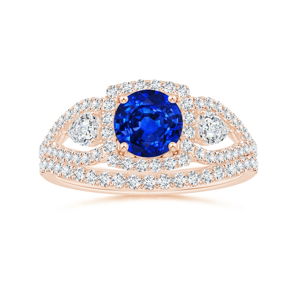 6mm AAAA Aeon Vintage Inspired Three Stone Sapphire and Diamond Halo Engagement Ring in Rose Gold Side-3