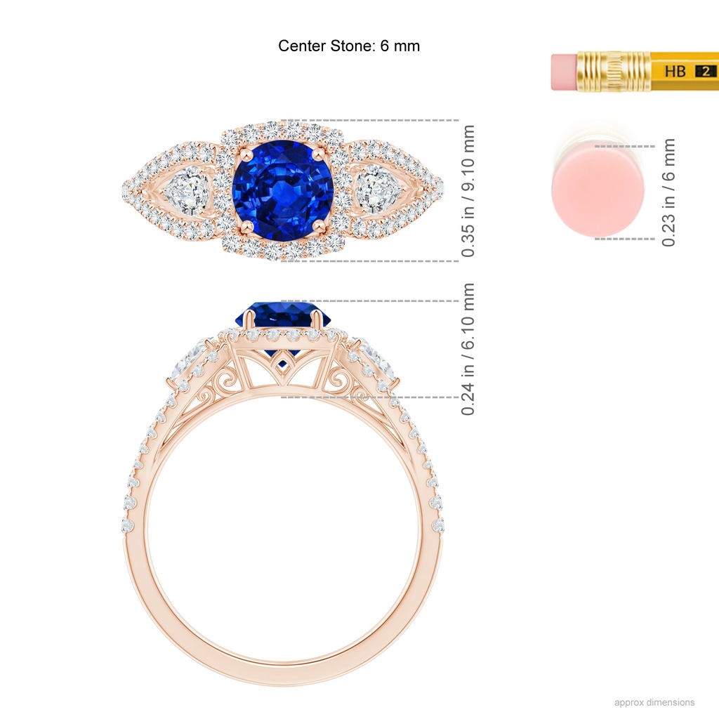 6mm AAAA Aeon Vintage Inspired Three Stone Sapphire and Diamond Halo Engagement Ring in Rose Gold Ruler