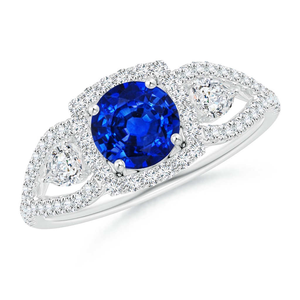 6mm Lab-Grown Aeon Vintage Inspired Three Stone Sapphire and Diamond Halo Engagement Ring in White Gold