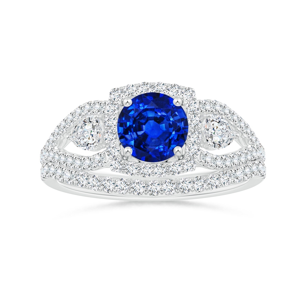 6mm AAAA Aeon Vintage Inspired Three Stone Sapphire and Diamond Halo Engagement Ring in White Gold Side-3