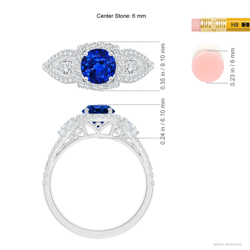 6mm AAAA Aeon Vintage Inspired Three Stone Sapphire and Diamond Halo Engagement Ring in White Gold Ruler