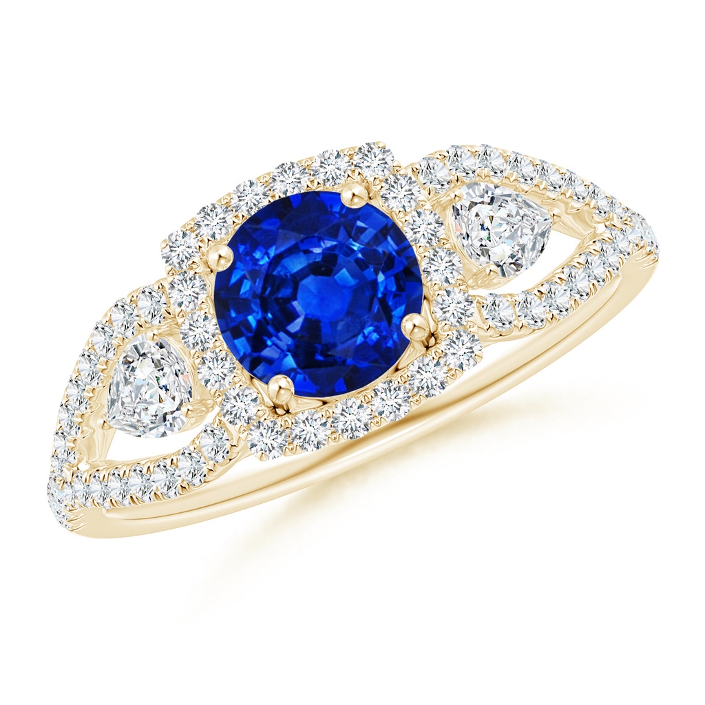 6mm AAAA Aeon Vintage Inspired Three Stone Sapphire and Diamond Halo Engagement Ring in Yellow Gold