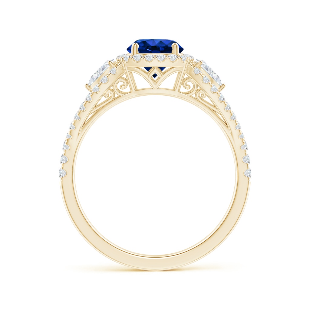 6mm AAAA Aeon Vintage Inspired Three Stone Sapphire and Diamond Halo Engagement Ring in Yellow Gold Side-1