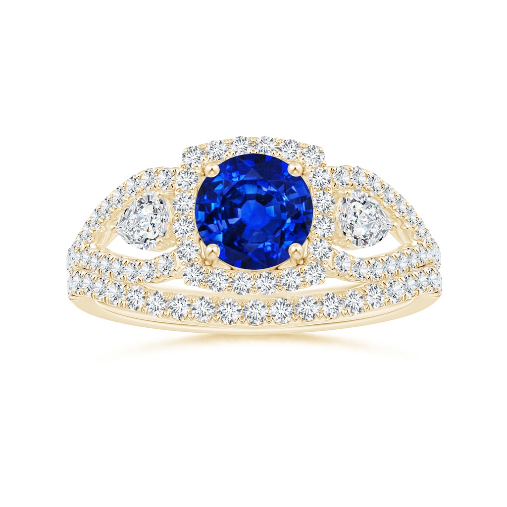6mm AAAA Aeon Vintage Inspired Three Stone Sapphire and Diamond Halo Engagement Ring in Yellow Gold Side-3