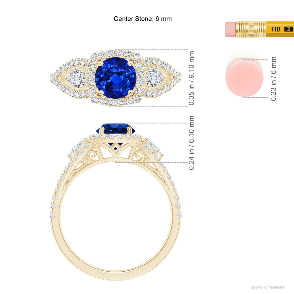 6mm AAAA Aeon Vintage Inspired Three Stone Sapphire and Diamond Halo Engagement Ring in Yellow Gold Ruler