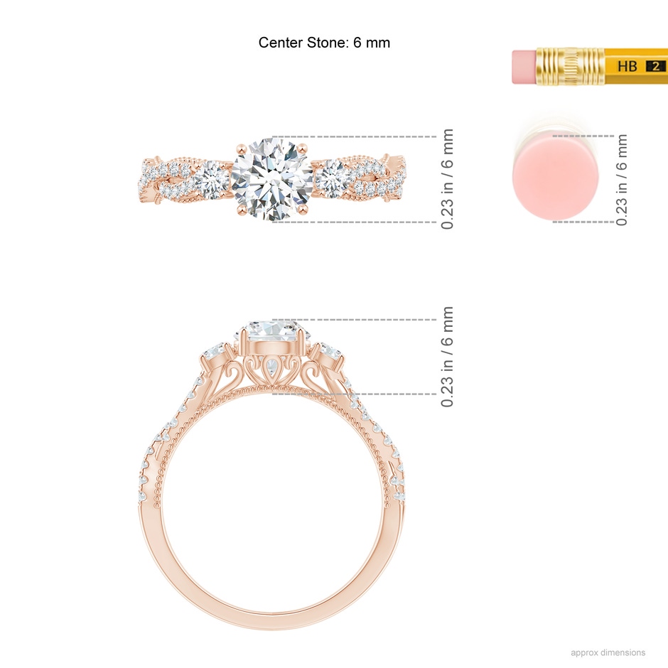 6mm GVS2 Aeon Vintage Inspired Three Stone Diamond Criss Cross Shank Engagement Ring in Rose Gold ruler
