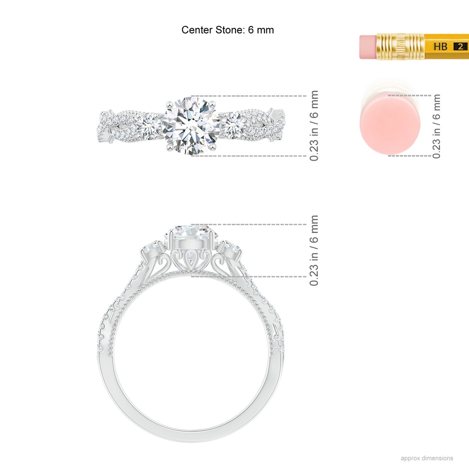 6mm GVS2 Aeon Vintage Inspired Three Stone Diamond Criss Cross Shank Engagement Ring in White Gold ruler