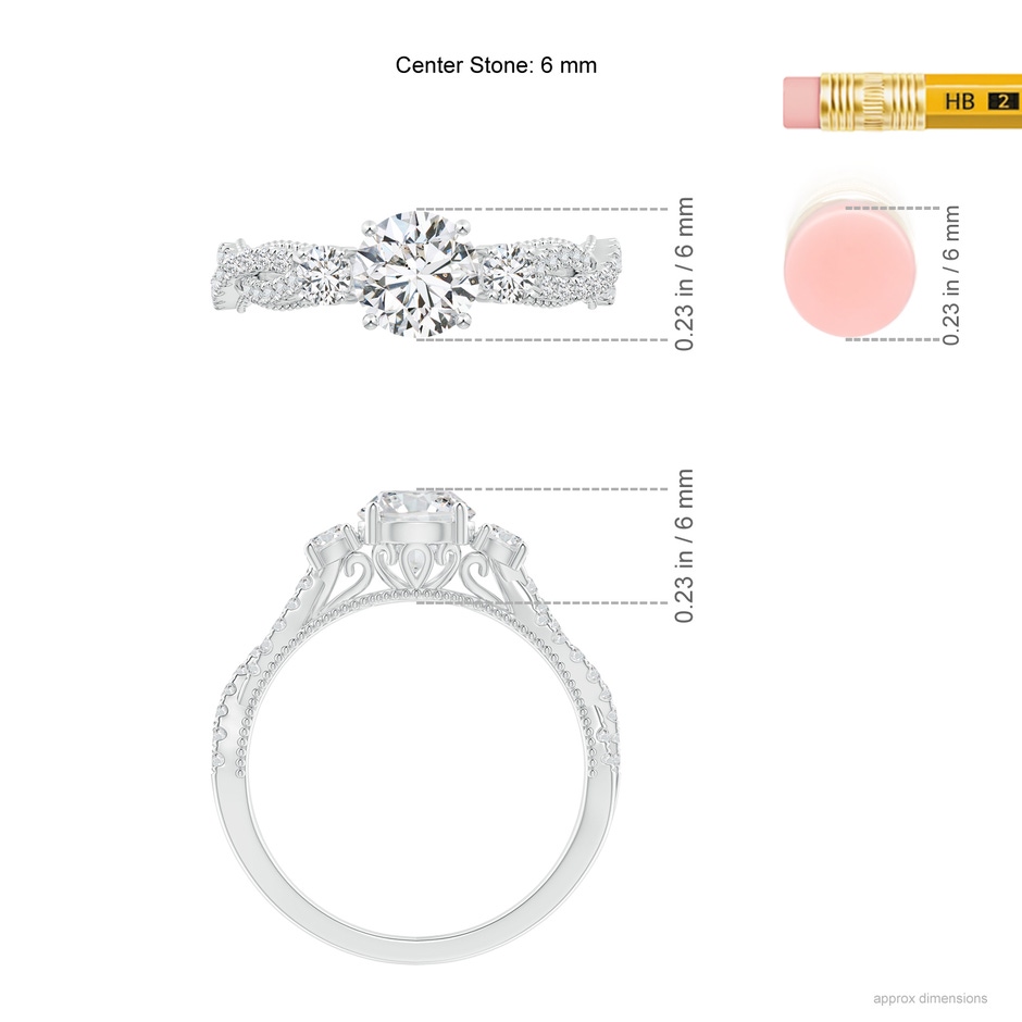 6mm HSI2 Aeon Vintage Inspired Three Stone Diamond Criss Cross Shank Engagement Ring in 18K White Gold ruler