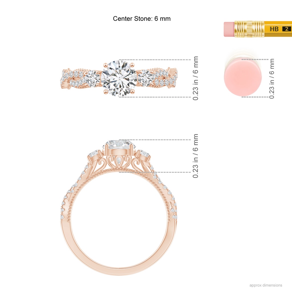 6mm HSI2 Aeon Vintage Inspired Three Stone Diamond Criss Cross Shank Engagement Ring in Rose Gold Ruler