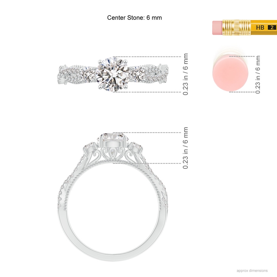 6mm IJI1I2 Aeon Vintage Inspired Three Stone Diamond Criss Cross Shank Engagement Ring in White Gold ruler