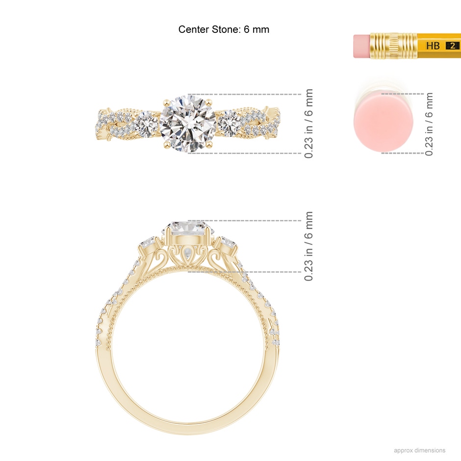6mm IJI1I2 Aeon Vintage Inspired Three Stone Diamond Criss Cross Shank Engagement Ring in Yellow Gold ruler