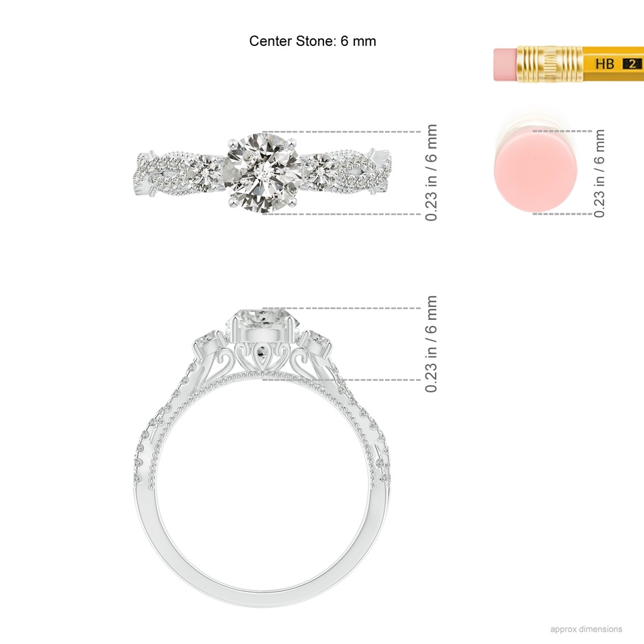 6mm KI3 Aeon Vintage Inspired Three Stone Diamond Criss Cross Shank Engagement Ring in White Gold ruler