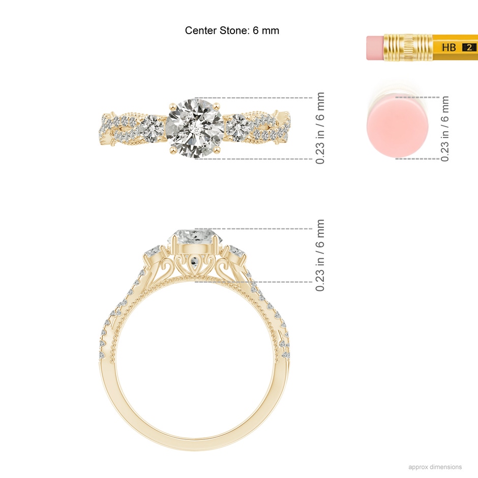 6mm KI3 Aeon Vintage Inspired Three Stone Diamond Criss Cross Shank Engagement Ring in Yellow Gold ruler