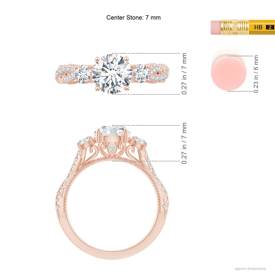 7mm GVS2 Aeon Vintage Inspired Three Stone Diamond Criss Cross Shank Engagement Ring in 18K Rose Gold ruler