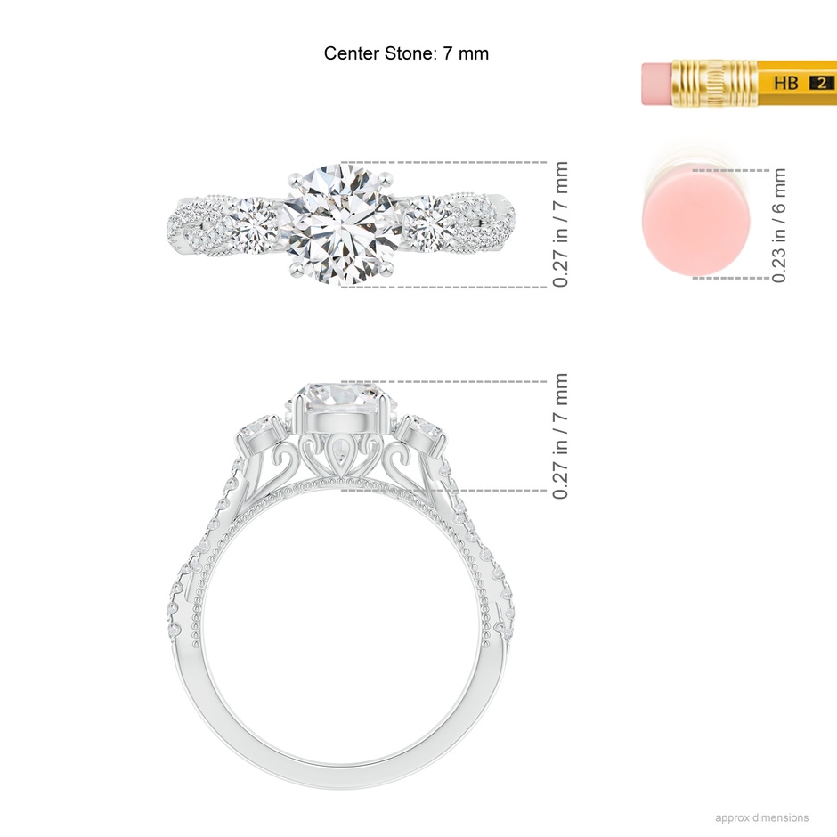 7mm HSI2 Aeon Vintage Inspired Three Stone Diamond Criss Cross Shank Engagement Ring in White Gold ruler