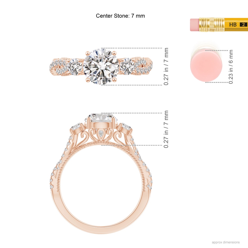 7mm IJI1I2 Aeon Vintage Inspired Three Stone Diamond Criss Cross Shank Engagement Ring in Rose Gold ruler