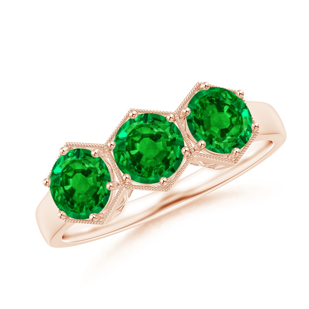 5mm AAAA Aeon Art Deco Three Stone Emerald Hexagonal Engagement Ring in Rose Gold