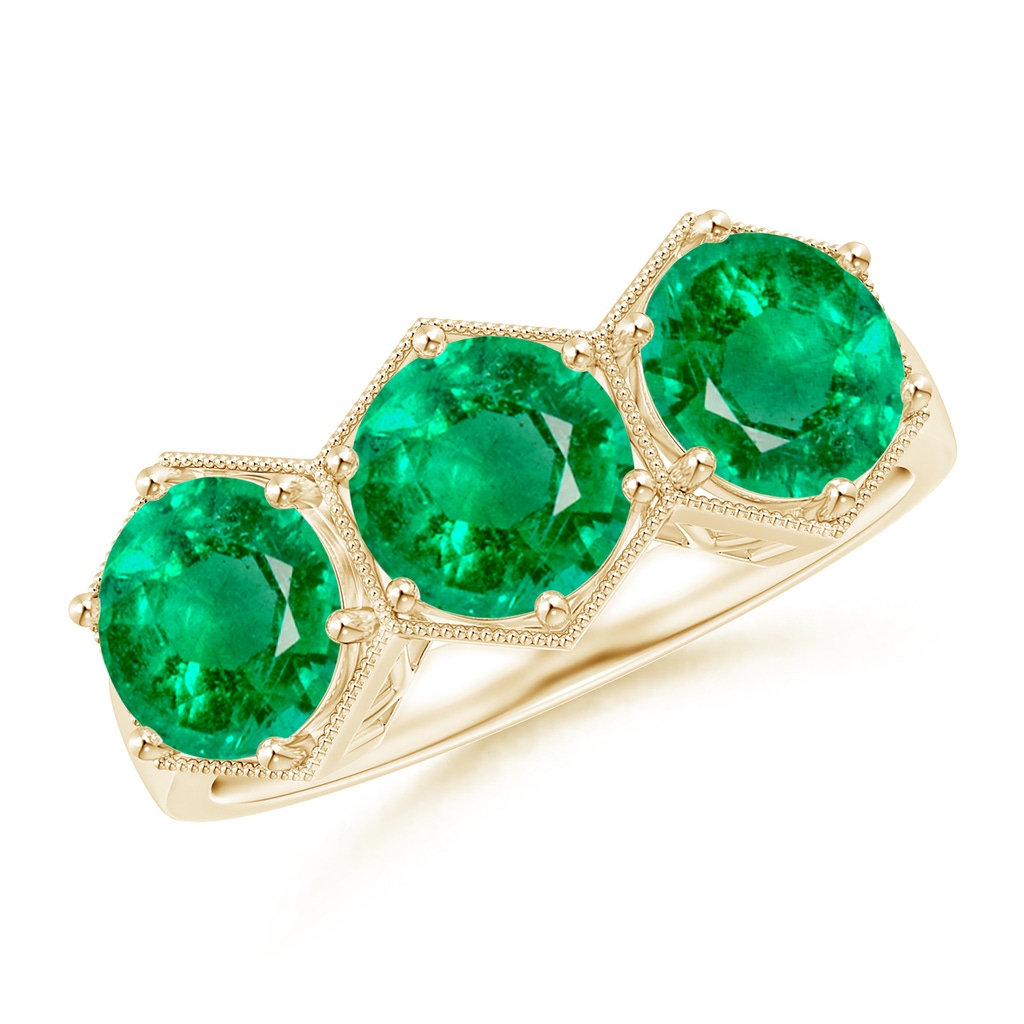 6mm AAA Aeon Art Deco Three Stone Emerald Hexagonal Engagement Ring in Yellow Gold