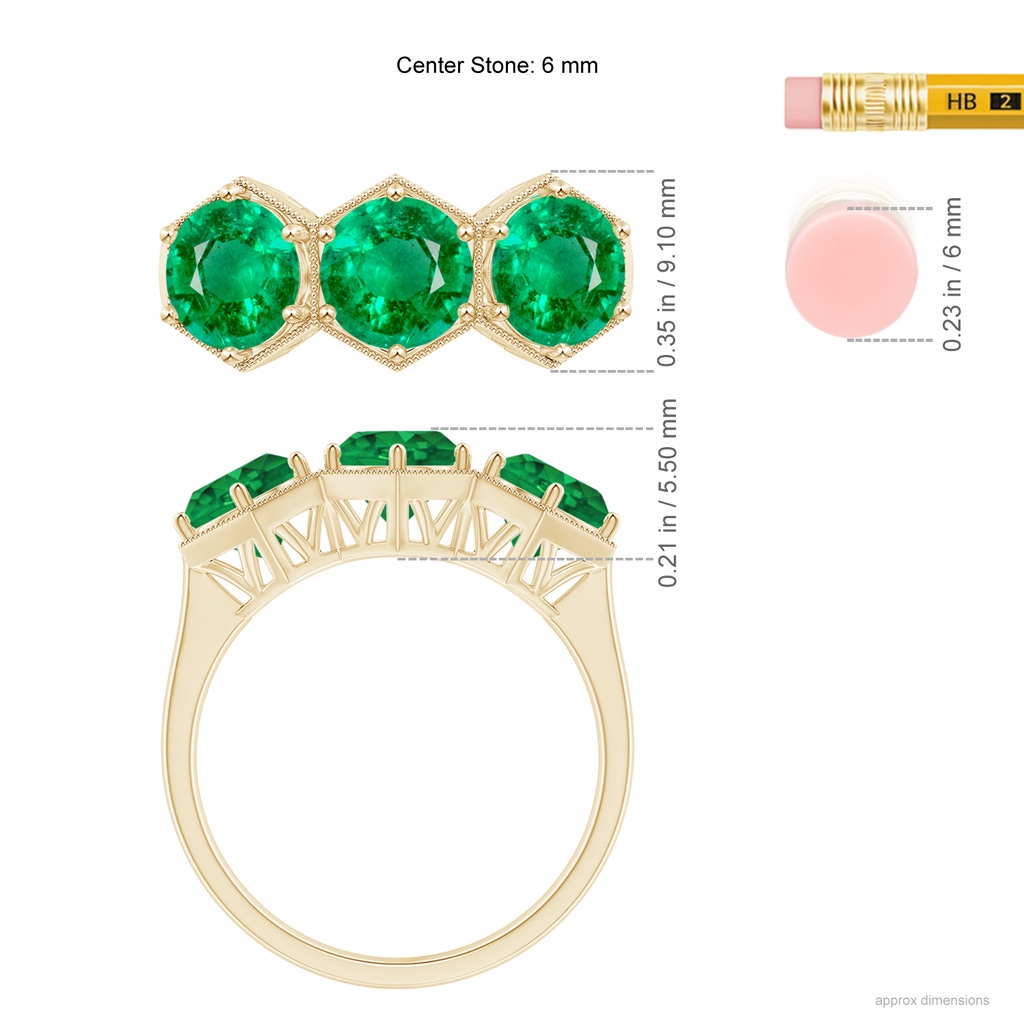 6mm AAA Aeon Art Deco Three Stone Emerald Hexagonal Engagement Ring in Yellow Gold Ruler
