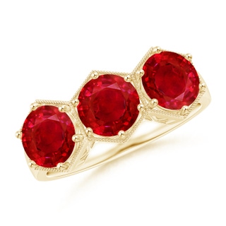 6mm AAA Aeon Art Deco Three Stone Ruby Hexagonal Engagement Ring in 18K Yellow Gold