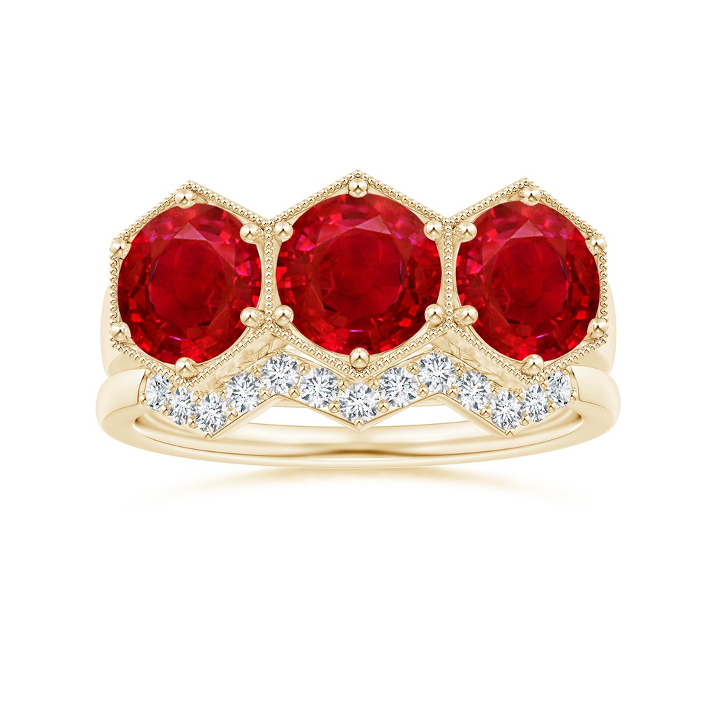 6mm AAA Aeon Art Deco Three Stone Ruby Hexagonal Engagement Ring in Yellow Gold Side-3