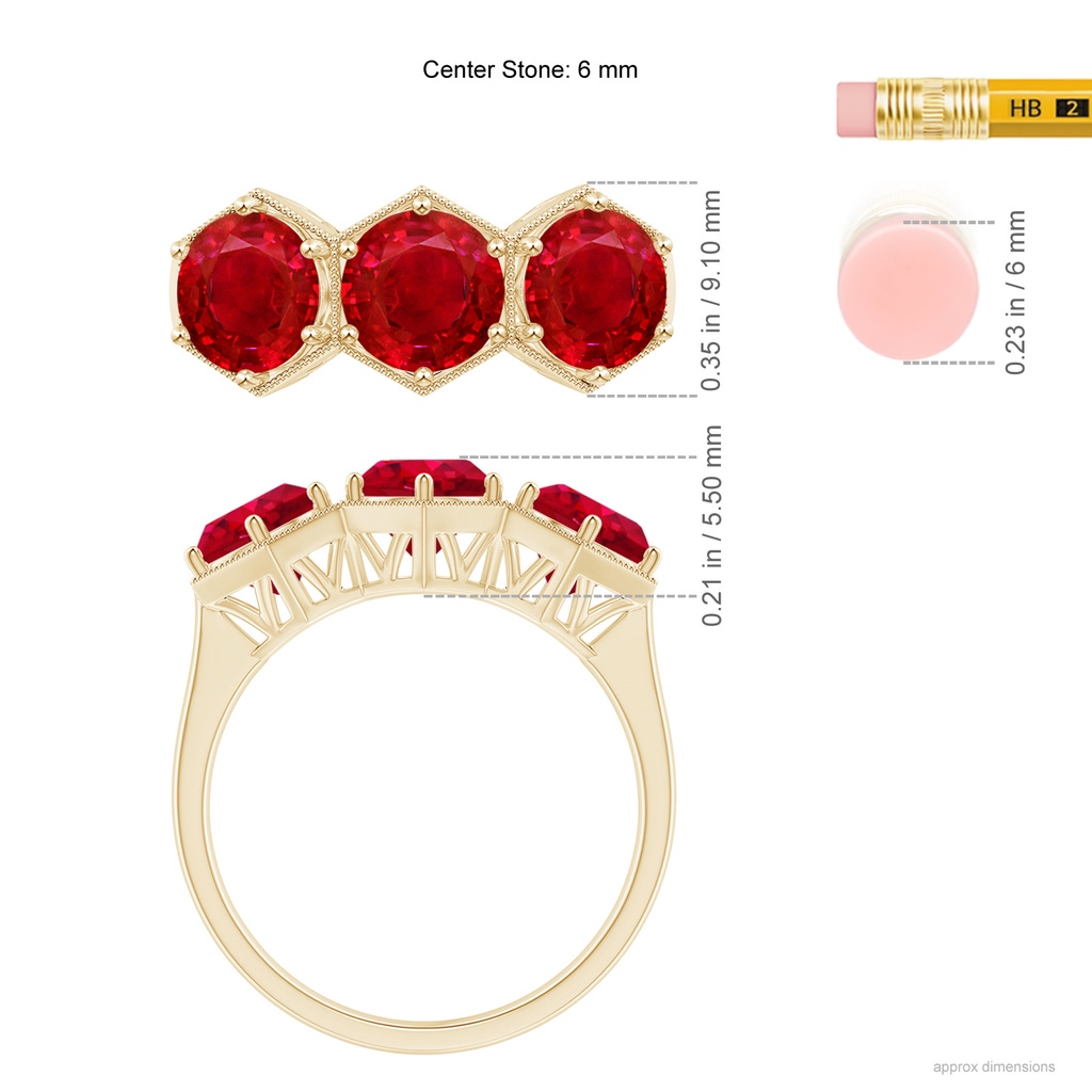 6mm AAA Aeon Art Deco Three Stone Ruby Hexagonal Engagement Ring in Yellow Gold Ruler