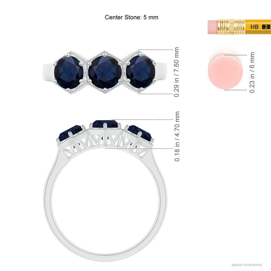 5mm A Aeon Art Deco Three Stone Sapphire Hexagonal Engagement Ring in White Gold ruler