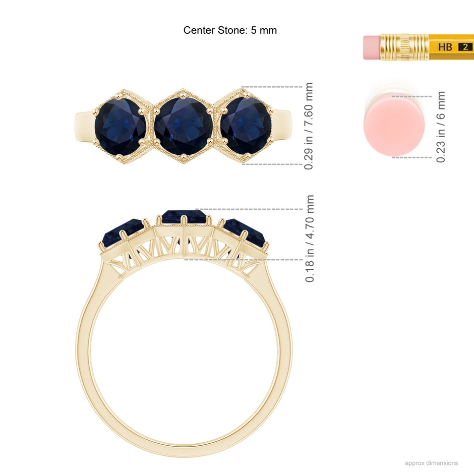 5mm A Aeon Art Deco Three Stone Sapphire Hexagonal Engagement Ring in Yellow Gold ruler