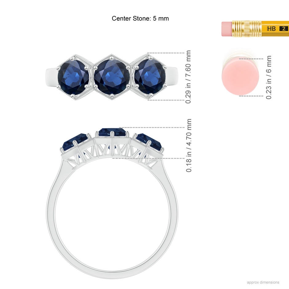 5mm AA Aeon Art Deco Three Stone Sapphire Hexagonal Engagement Ring in White Gold ruler