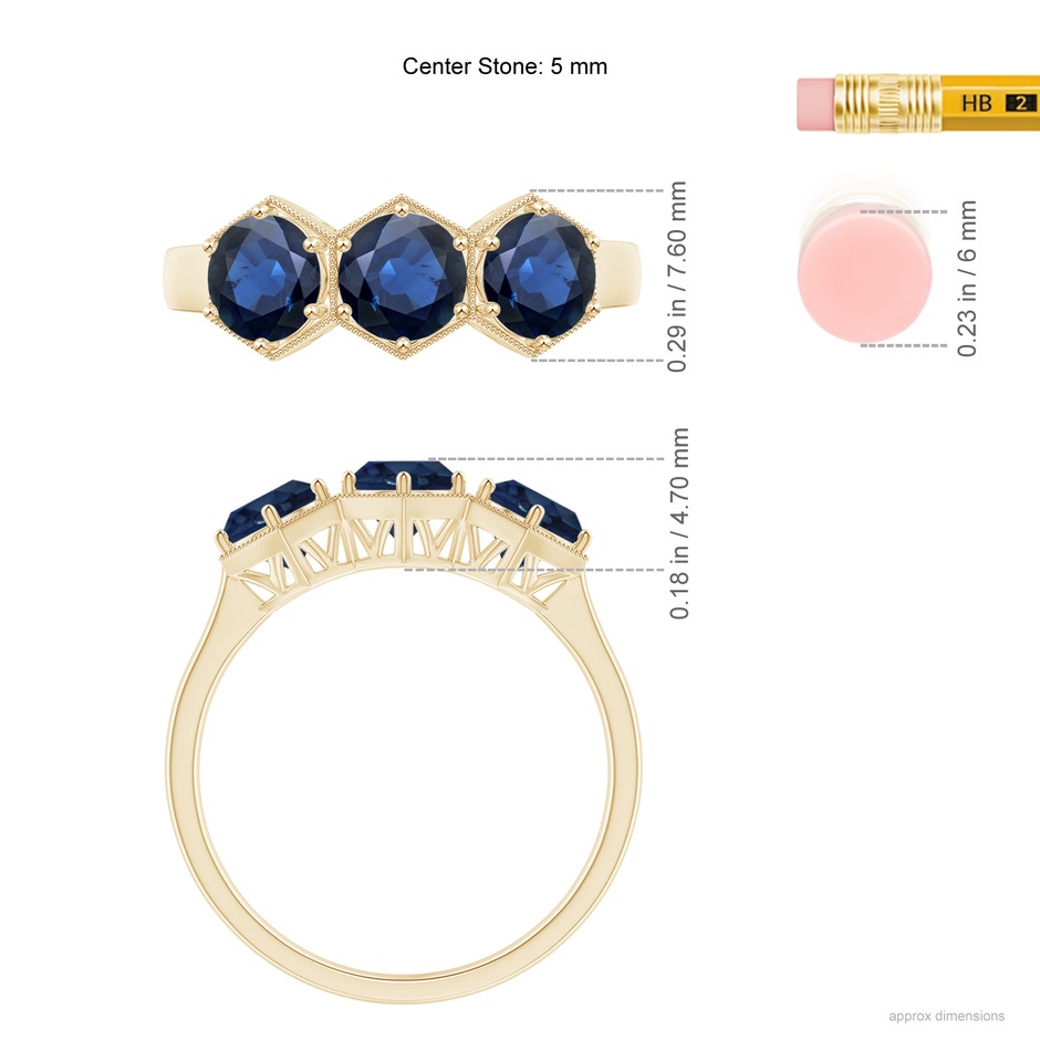 5mm AA Aeon Art Deco Three Stone Sapphire Hexagonal Engagement Ring in Yellow Gold ruler