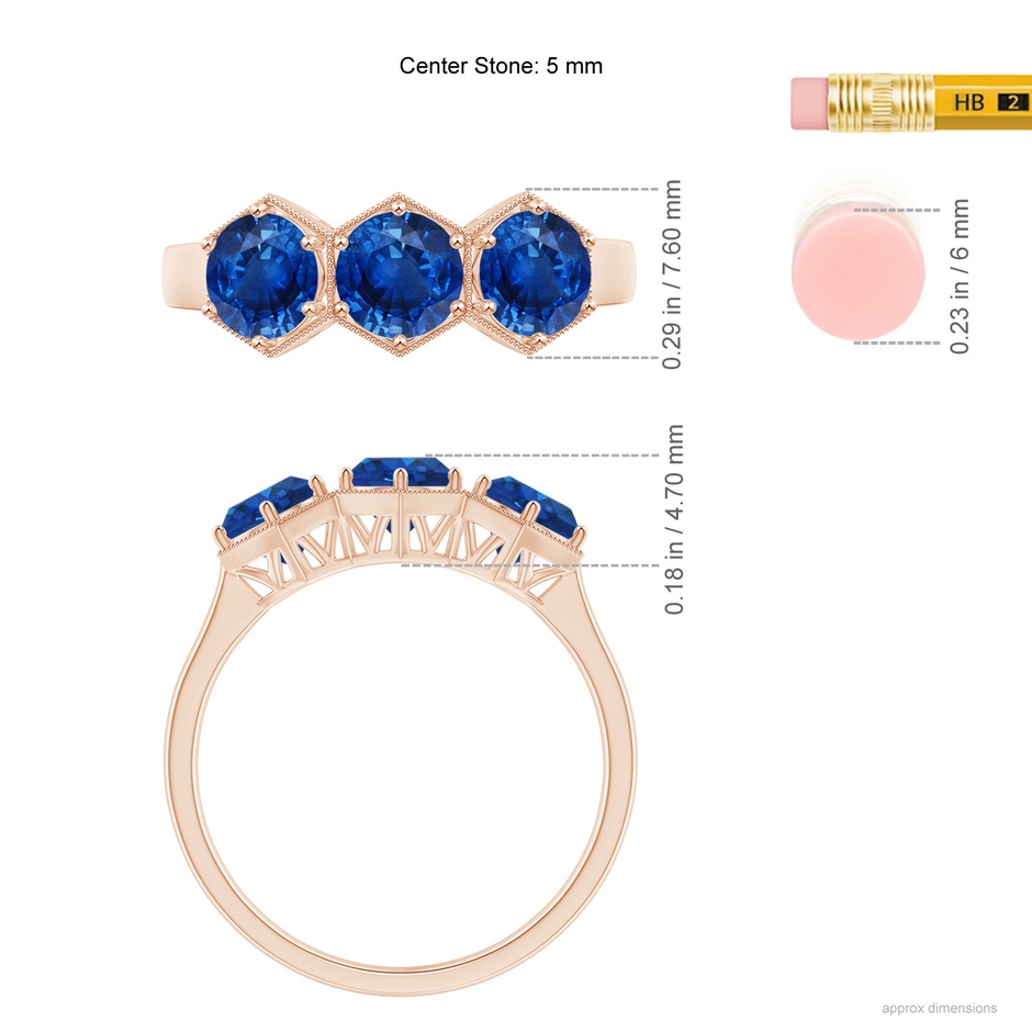 5mm AAA Aeon Art Deco Three Stone Sapphire Hexagonal Engagement Ring in Rose Gold ruler