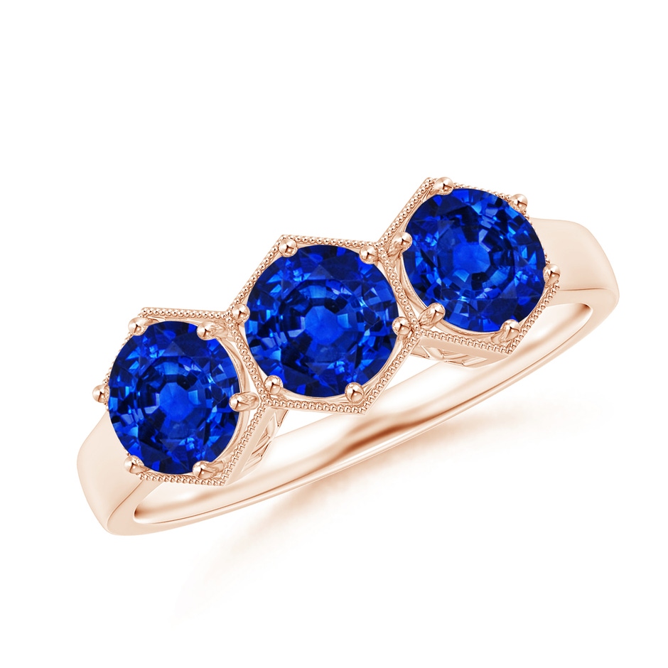 5mm AAAA Aeon Art Deco Three Stone Sapphire Hexagonal Engagement Ring in Rose Gold 