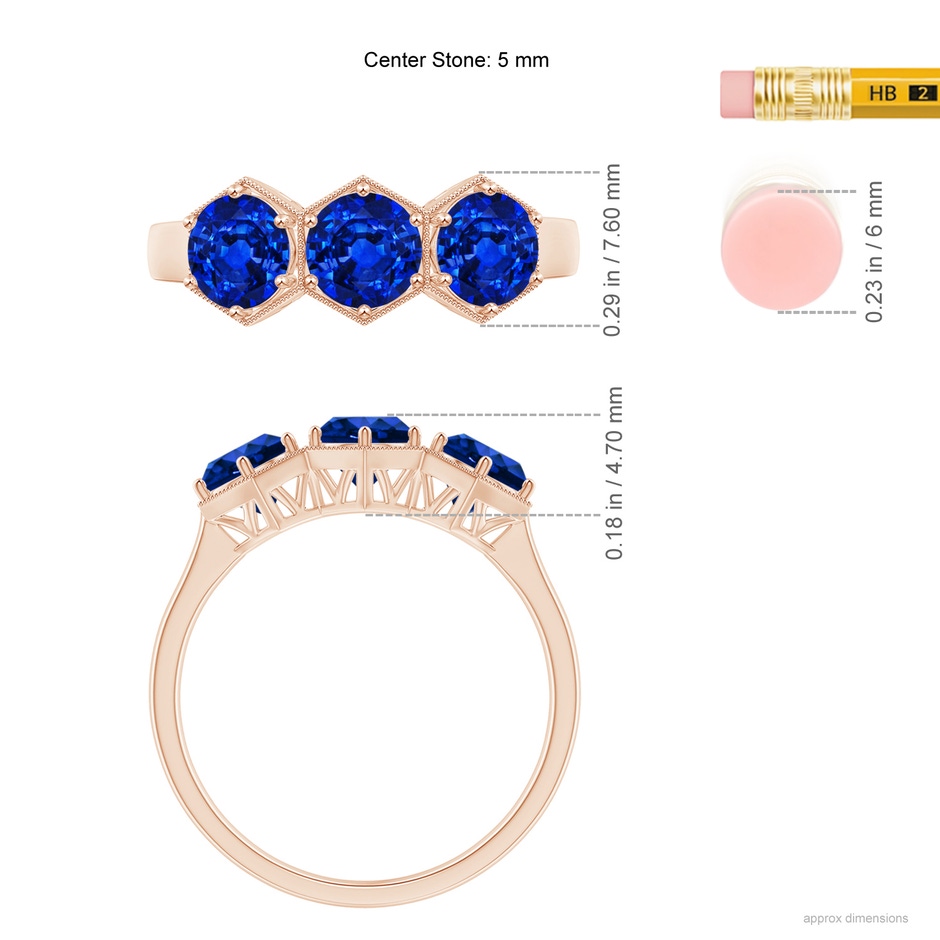 5mm AAAA Aeon Art Deco Three Stone Sapphire Hexagonal Engagement Ring in Rose Gold ruler