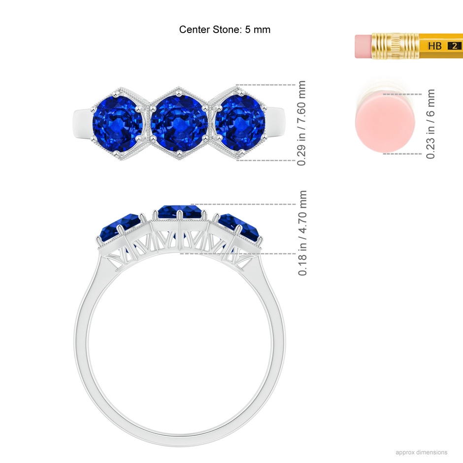 5mm AAAA Aeon Art Deco Three Stone Sapphire Hexagonal Engagement Ring in White Gold ruler