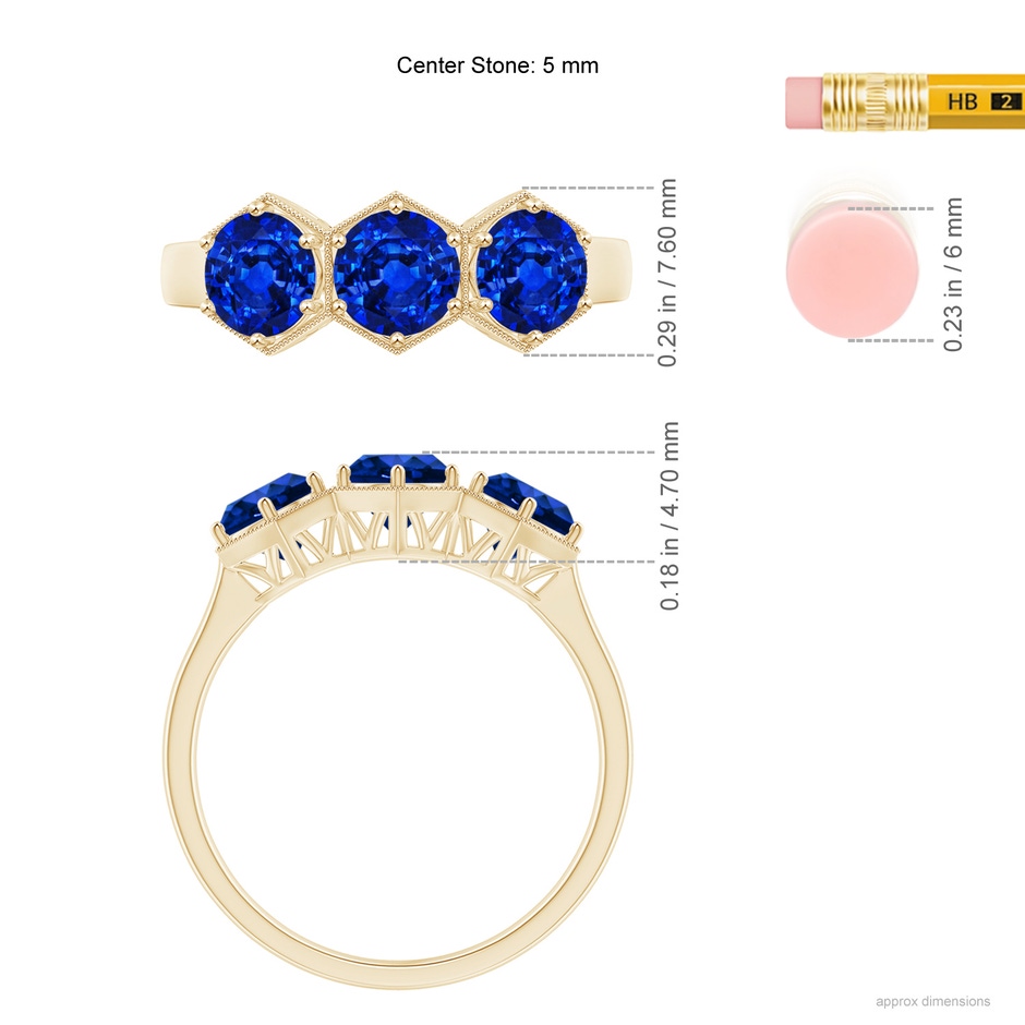 5mm AAAA Aeon Art Deco Three Stone Sapphire Hexagonal Engagement Ring in Yellow Gold ruler