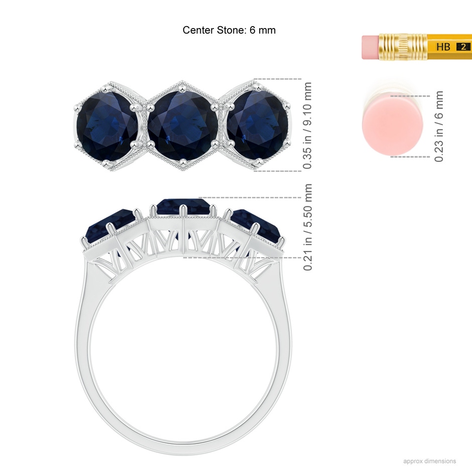 6mm A Aeon Art Deco Three Stone Sapphire Hexagonal Engagement Ring in 18K White Gold ruler