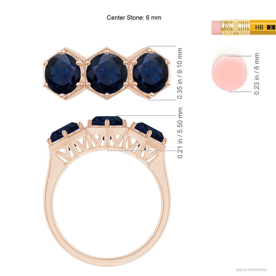6mm A Aeon Art Deco Three Stone Sapphire Hexagonal Engagement Ring in Rose Gold ruler