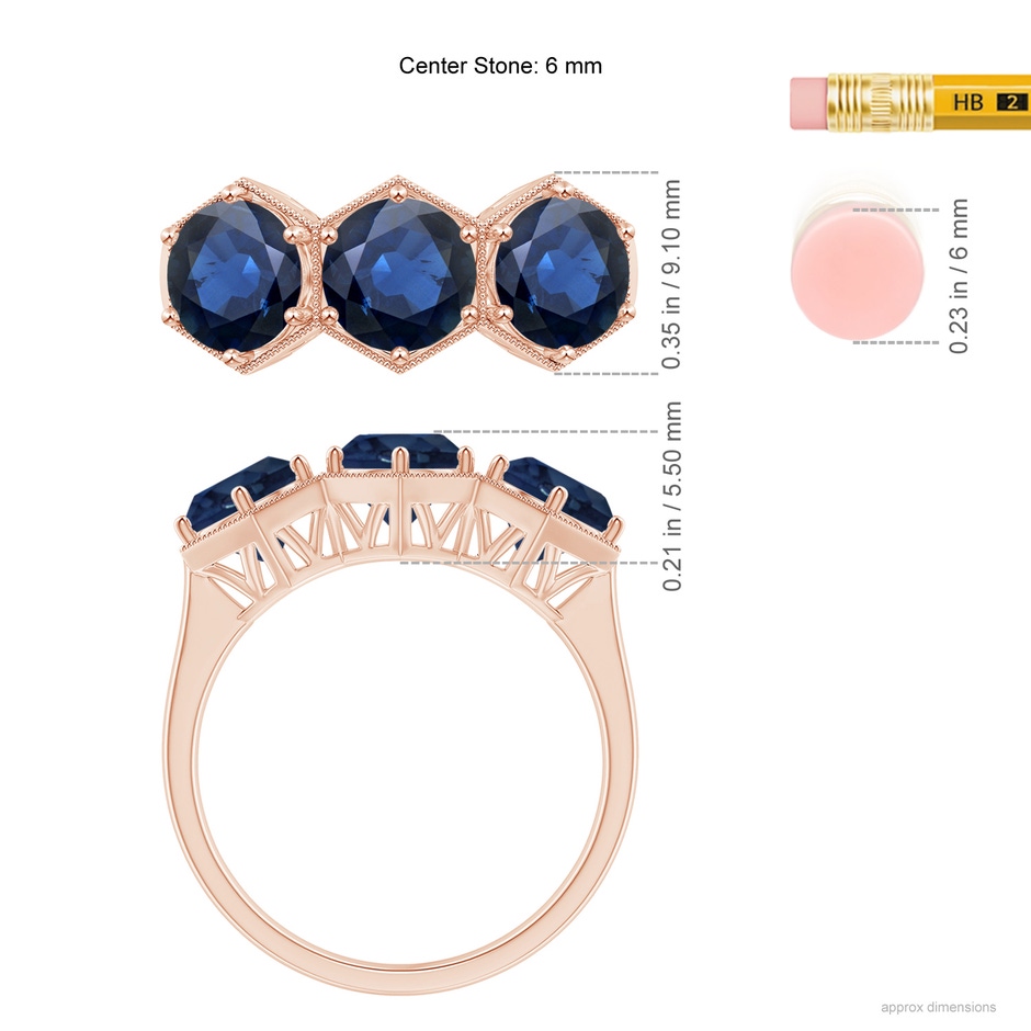 6mm AA Aeon Art Deco Three Stone Sapphire Hexagonal Engagement Ring in 18K Rose Gold ruler