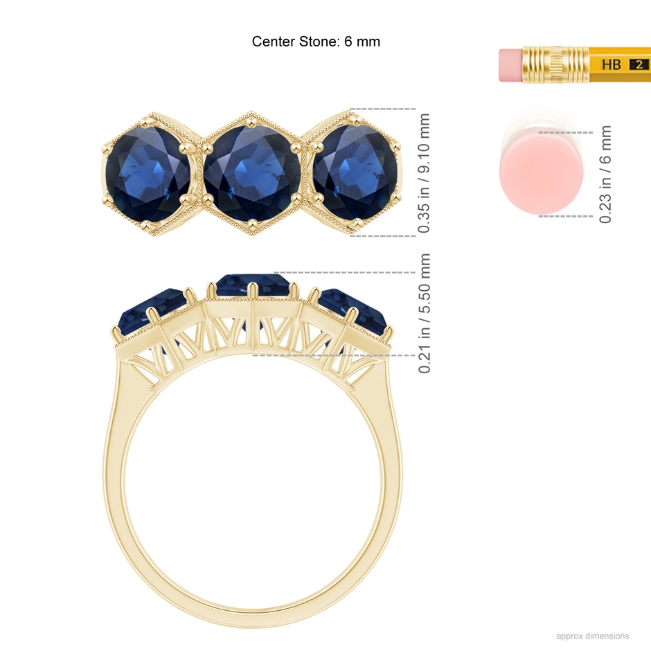 6mm AA Aeon Art Deco Three Stone Sapphire Hexagonal Engagement Ring in 18K Yellow Gold ruler