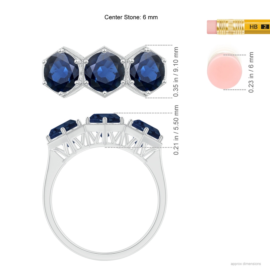 6mm AA Aeon Art Deco Three Stone Sapphire Hexagonal Engagement Ring in White Gold ruler