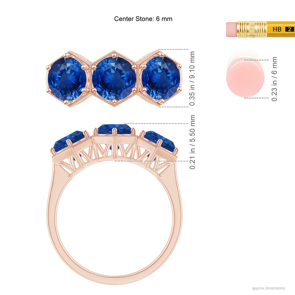 6mm AAA Aeon Art Deco Three Stone Sapphire Hexagonal Engagement Ring in 18K Rose Gold ruler