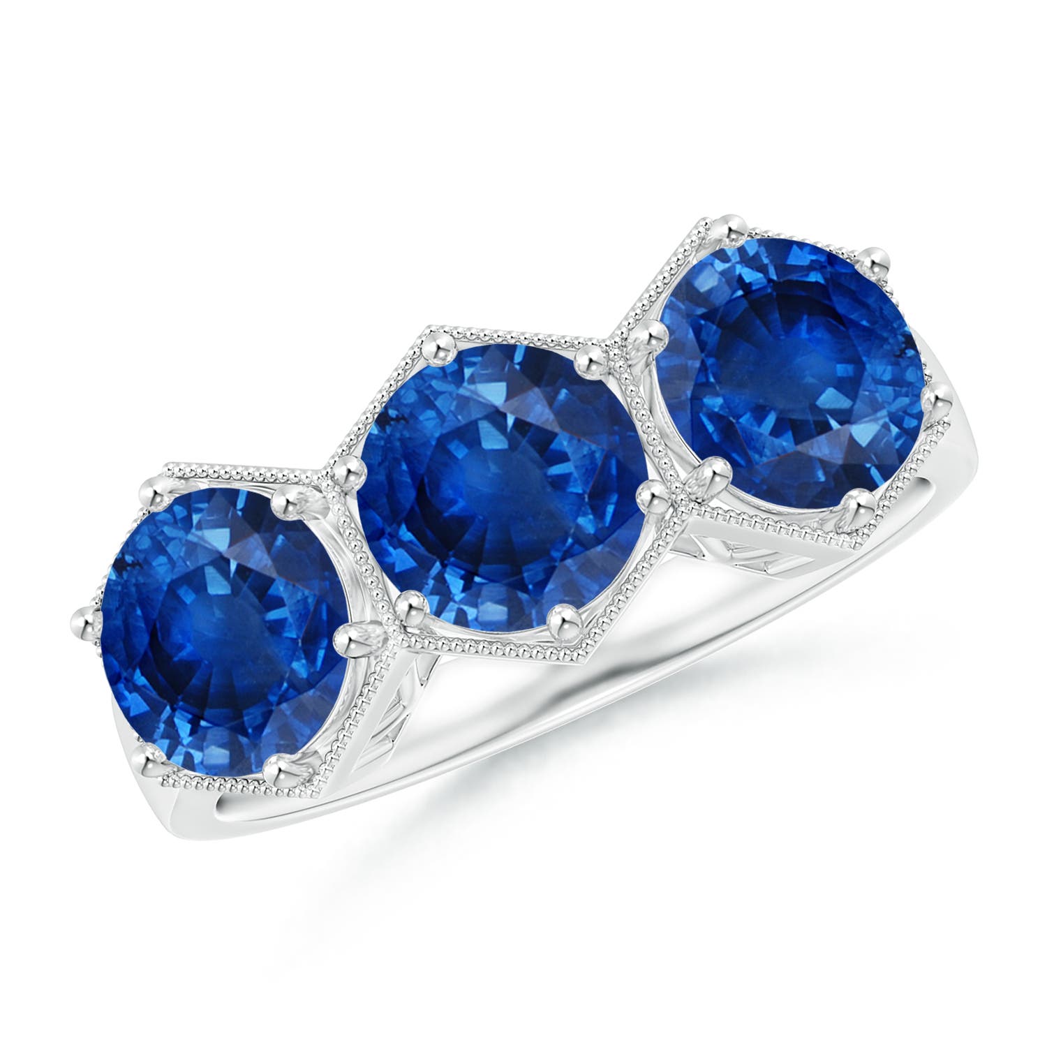 6mm AAA Aeon Art Deco Three Stone Sapphire Hexagonal Engagement Ring in White Gold