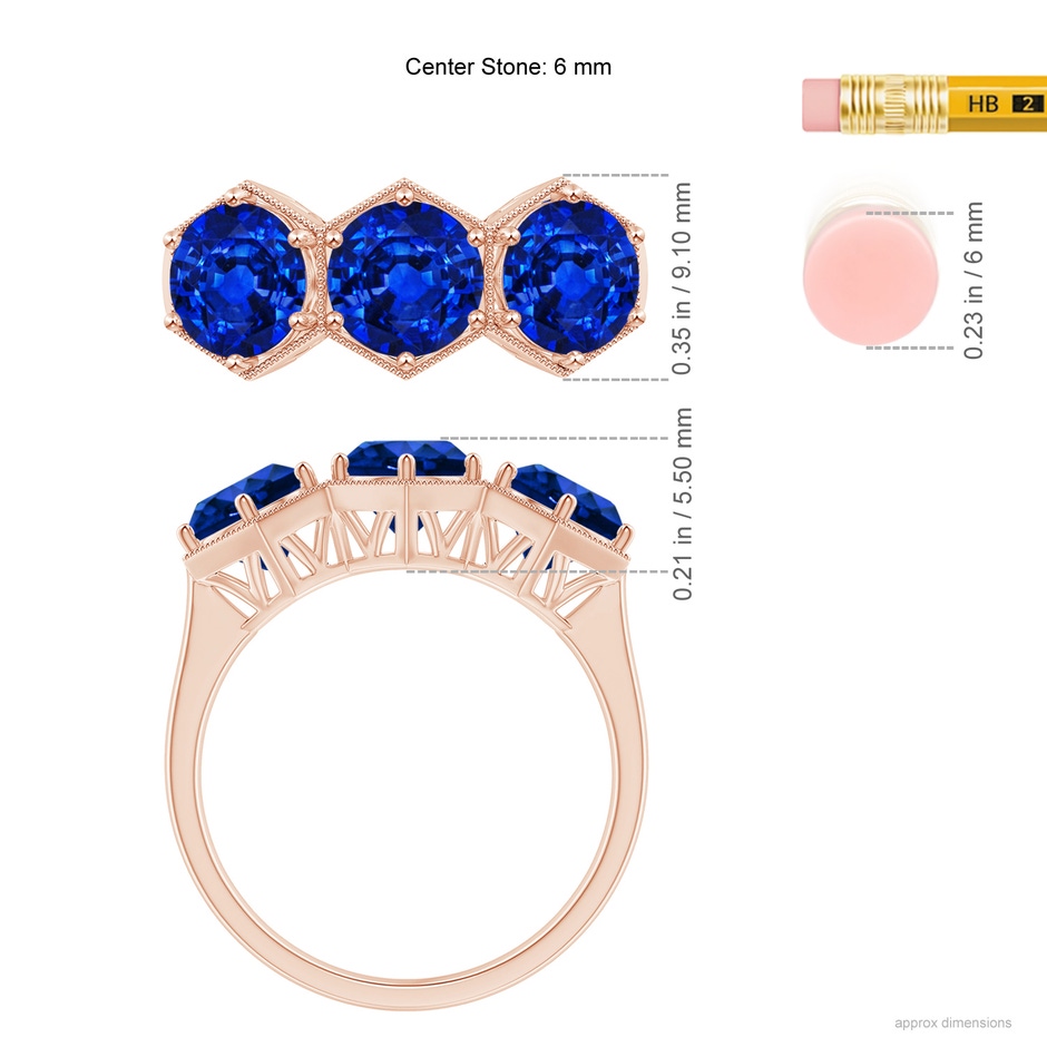 6mm AAAA Aeon Art Deco Three Stone Sapphire Hexagonal Engagement Ring in 18K Rose Gold ruler