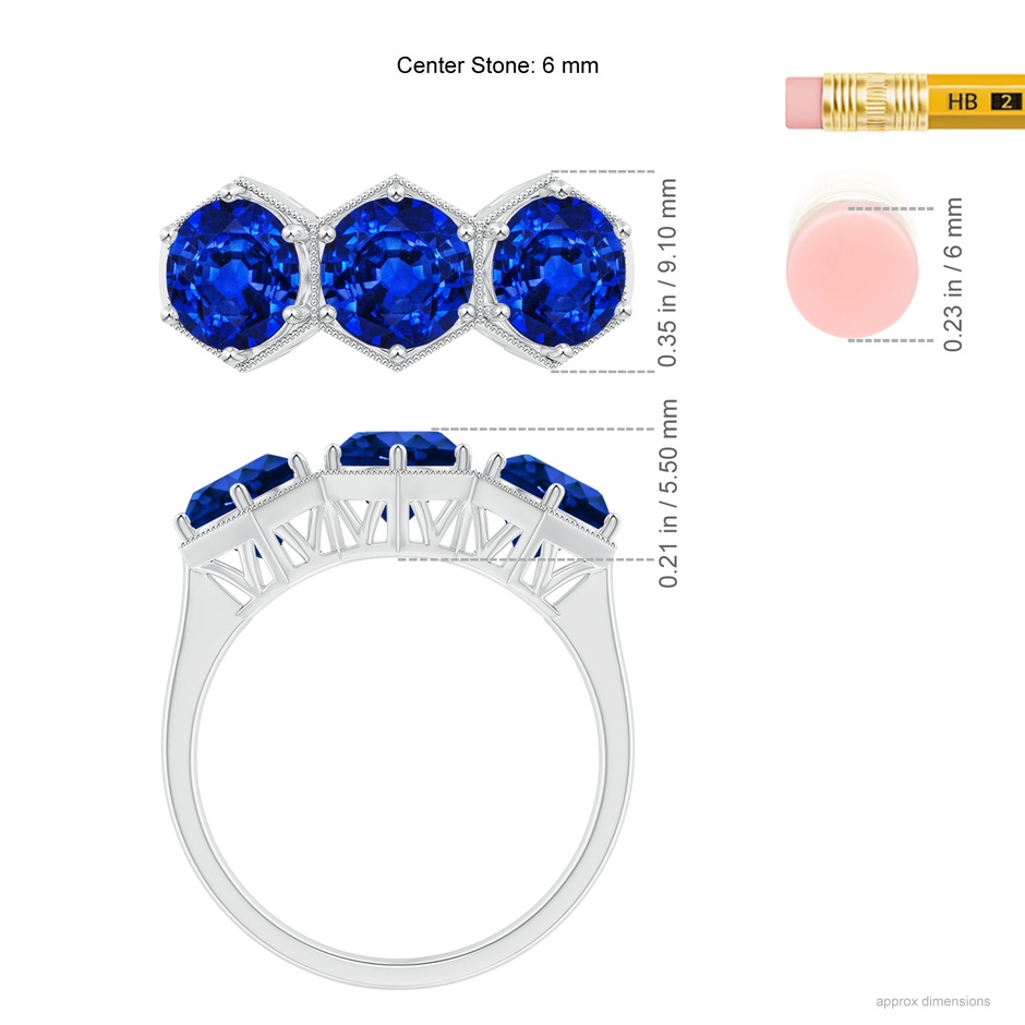 6mm AAAA Aeon Art Deco Three Stone Sapphire Hexagonal Engagement Ring in White Gold ruler