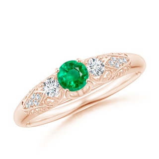 4mm AAA Aeon Vintage Style Emerald and Diamond Three Stone Engagement Ring in Rose Gold