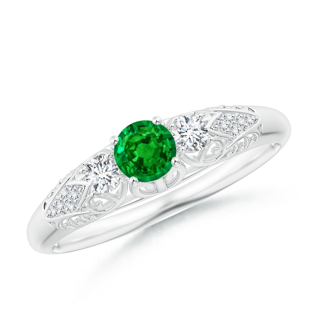 4mm AAAA Aeon Vintage Style Emerald and Diamond Three Stone Engagement Ring in White Gold