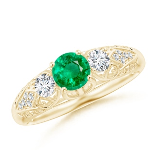 5mm AAA Aeon Vintage Style Emerald and Diamond Three Stone Engagement Ring in 18K Yellow Gold