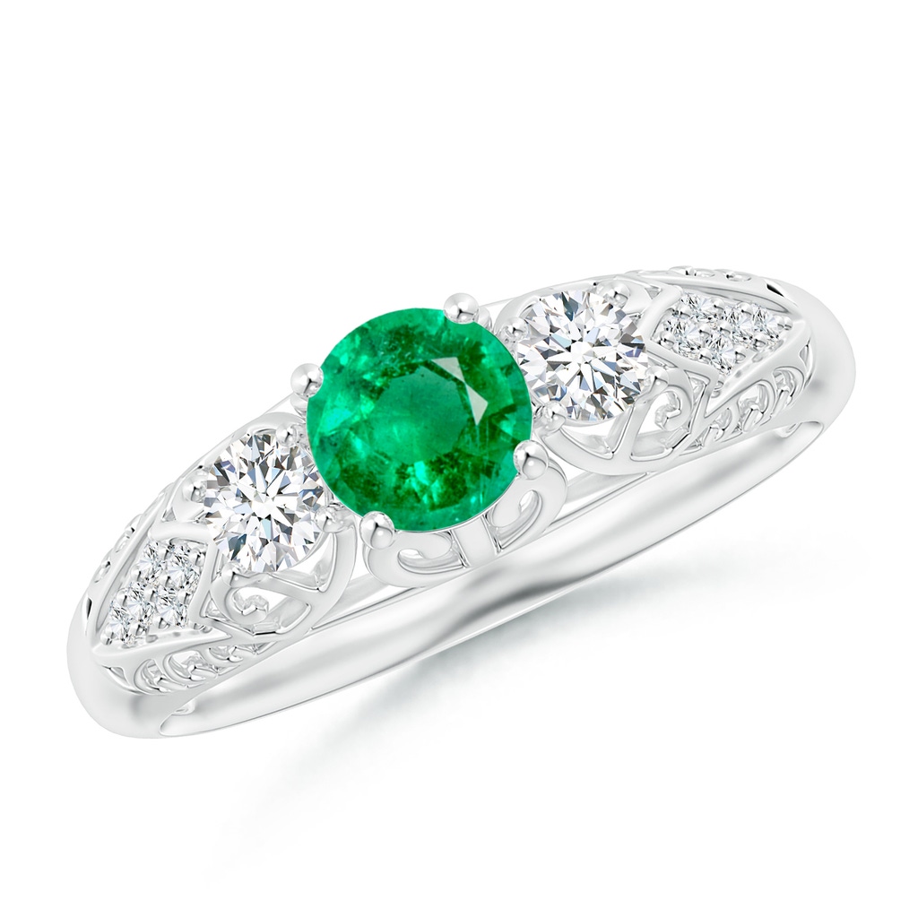 5mm AAA Aeon Vintage Style Emerald and Diamond Three Stone Engagement Ring in White Gold