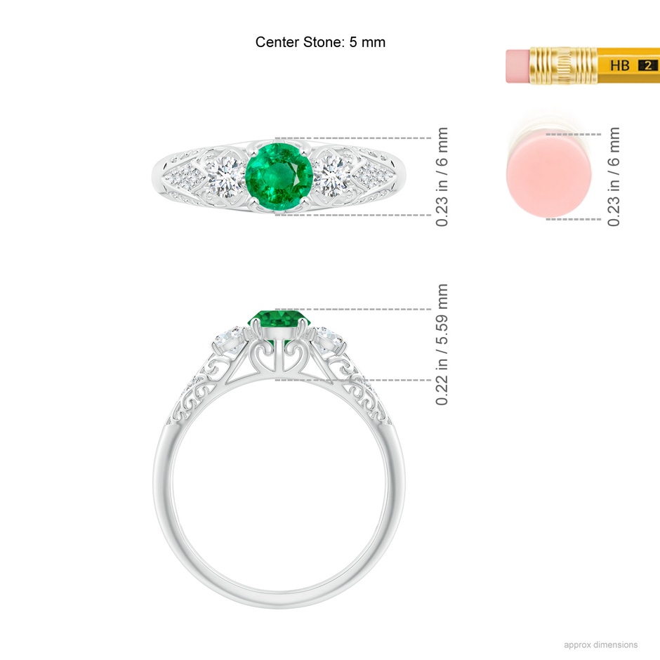 5mm AAA Aeon Vintage Style Emerald and Diamond Three Stone Engagement Ring in White Gold ruler