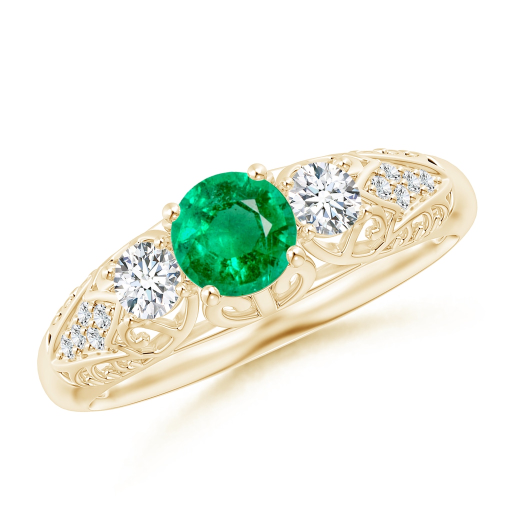 5mm AAA Aeon Vintage Style Emerald and Diamond Three Stone Engagement Ring in Yellow Gold